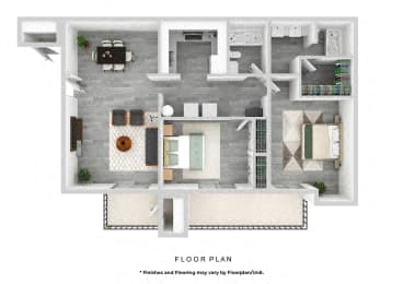 Floor plan for 2 beds, 2 baths, 950 sqft